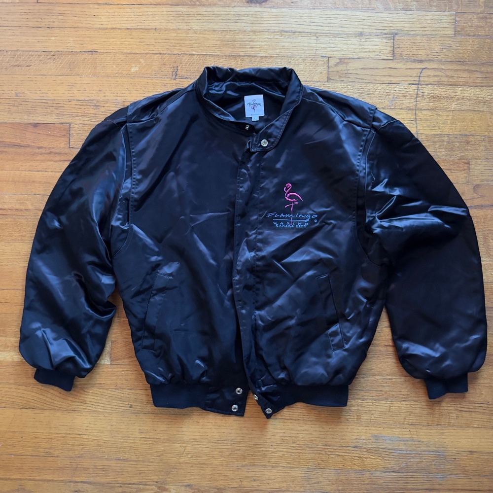 Vintage Flamingo Casino Kansas City Hilton‎ Satin Bomber Jacket Mens